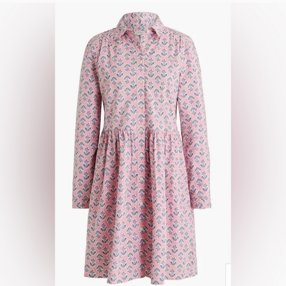 J. Crew Factory Pink Printed Long-Sleeve Shirt Dress